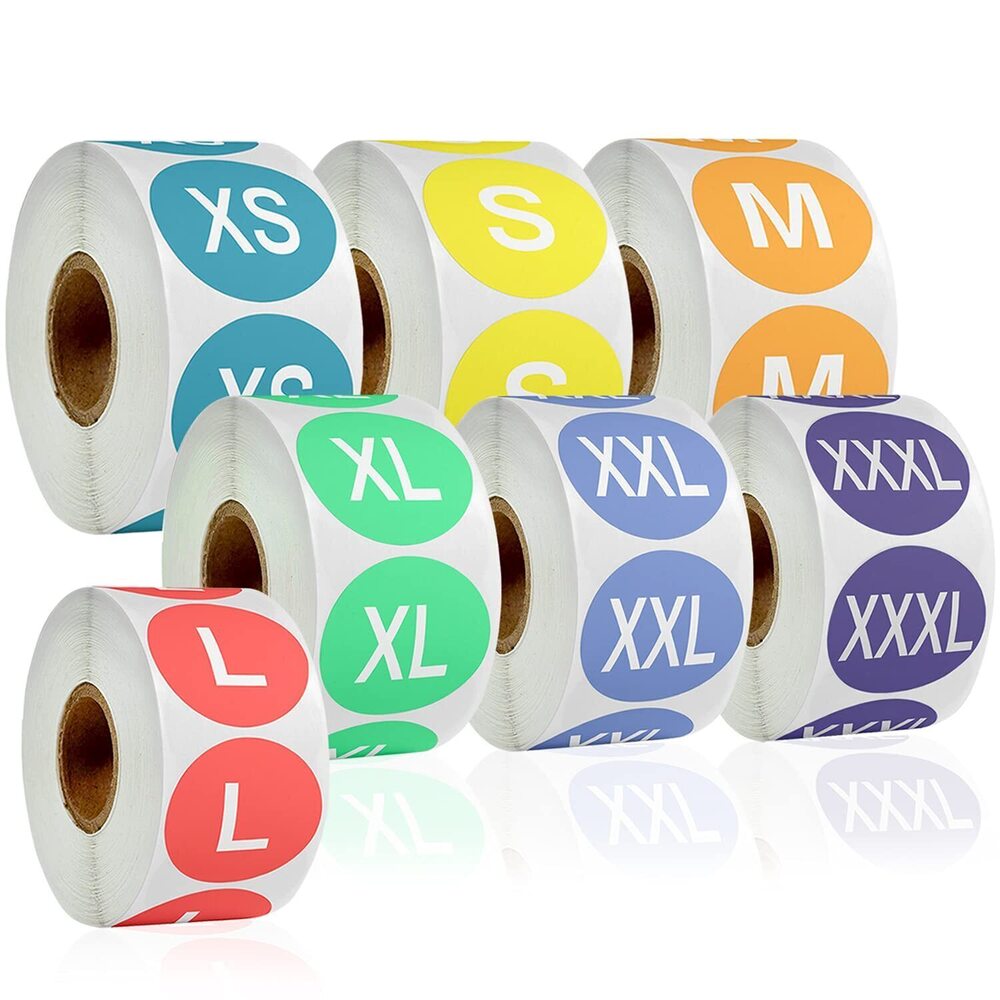 1105 3500 Pcs Clothing Size Sticker Labels, 7 Rolls 1" Colorful Coded